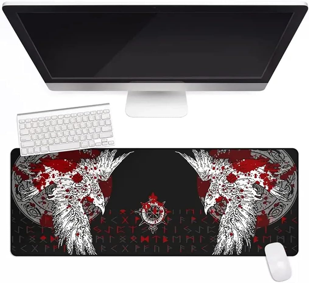 Viking Raven Rune Vegvisir Mouse Mat, 3D Print Tattoo Big Extended Desk Game Keyboard Pad with Non-Slip Base and Stitched Edge for Office & Home,Red,27.6" x 11.8"