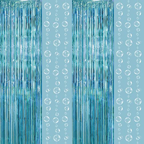 Ocean Blue Under The Sea Party Decoration Tinsel Foil Fringe Curtain Backdrop Hanging White Bubble Garland for Mermaid Birhthday Party Photo Booth Baby Shower Birthday Party Supplies