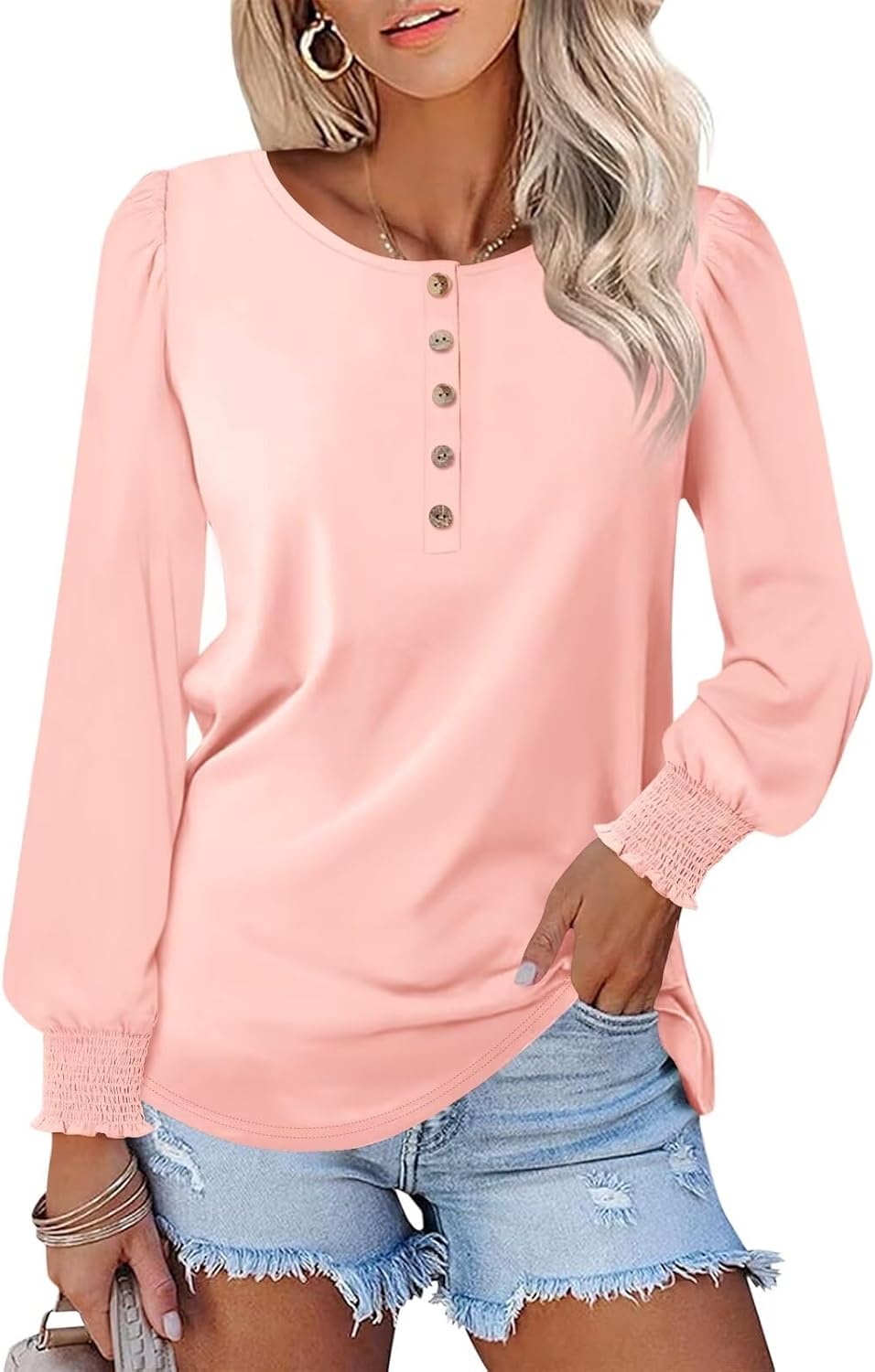 Minetom Women’s Long Sleeve Henley Tops Smocked Puff Sleeve Tops Casual Shirts Blouses Minetom Women’s Long Sleeve Henley Tops Smocked Puff Sleeve Tops Casual Shirts Blouses