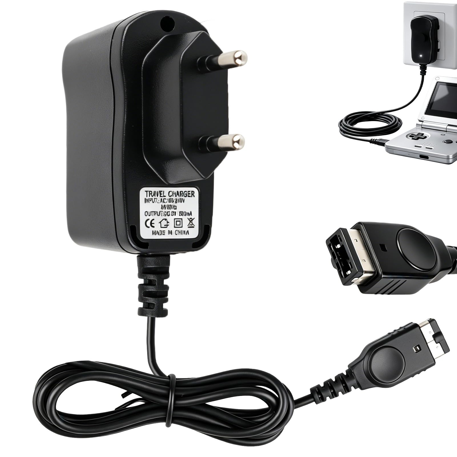 Cagrin 5V 500mA Chargeur Compatible avec NDS FAT et Game Boy Advance SP | Adaptateur Secteur AC 100‑240V DC pour Consoles NDS GBA SP, Chargeur de Voyage, Câble 1,1 m, Noir