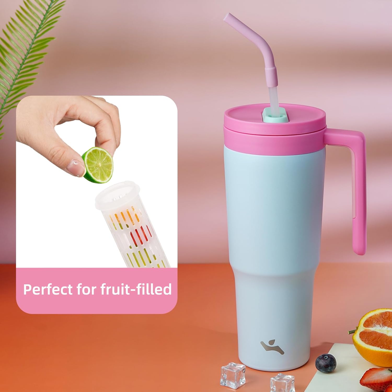 Insulated Tumbler with Handle and Straw,40 OZ Vacuum Stainless Steel Water Bottle Travel Mug Metal Cup with Fruit Diffuser,Pink Grey - Image 4