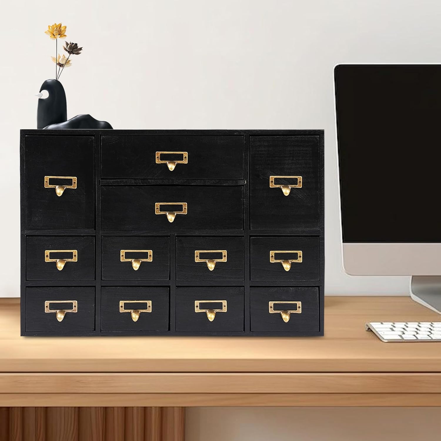 Mobile Contenitore in Legno A 12 Cassetti con Maniglie in Metallo - Perfetto per Organizzare Forniture da Farmacia, Materiali per Arti E Mestieri, Ufficio Domestico O Biblioteca. Black