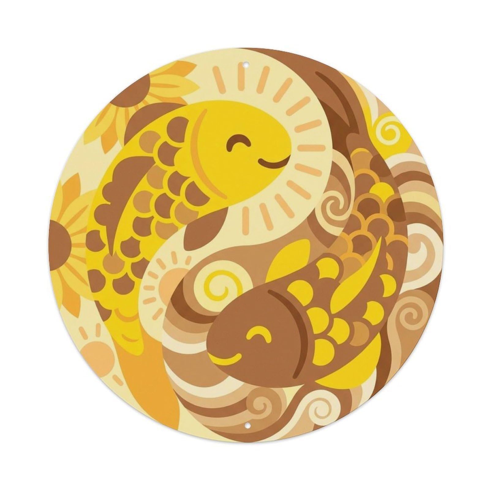 Olyhtr 8X8inch Classic Style Yin Yang Koi Garden Sunflower Feng Shui Classic Metal Tin Sign