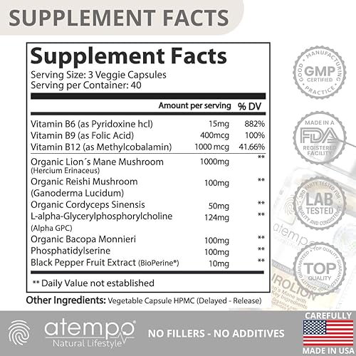 Miniatura 2 de Suplemento de hongo melena de león para la función cerebral, el sistema inmunológico y la claridad mental, con melena de león orgánica, Reishi y