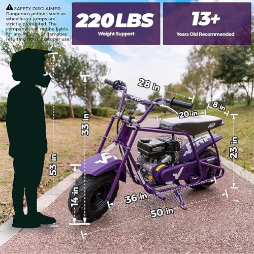 Image of FRP GMB100 Mini Dirt Bike 99CC Gas Powered - 4-Stroke Engine Trail Mini Bike for Youth & Adults, Off-Road Adventure Bike Up to 28 MPH, 220LBS Capacity, Purple