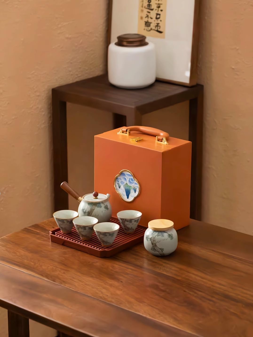 Travel Tea Set, 1 Teapot 4 Cups, Blue White Ge Kiln-set5