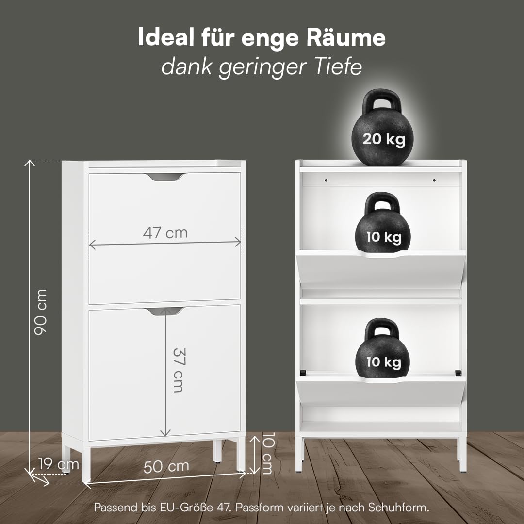 Bellamio Ceyhan Schuhschrank mit 2 Klappen – Schuhkipper weiß aus Holz – Schuhregal schmal 50x19x90cm – platzsparender Flurschrank mit 2 geschlossenen Fächern – Schuhkommode für Flur/Garderobe