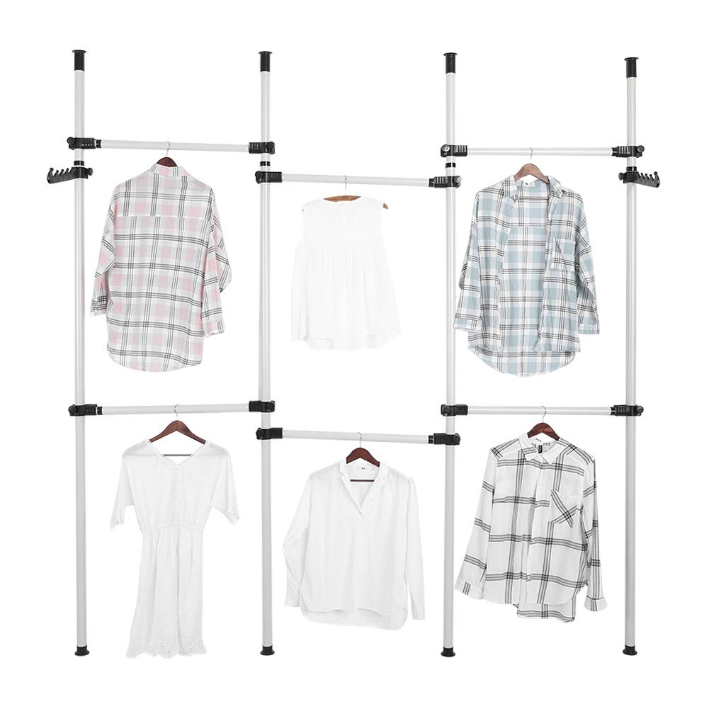 lyrlody Garment Rack, 4 Poles 6 Bars Heavy Duty Portable Telescopic Clothes Wardrobe Organiser Movable Clothes Hanging Rail Storage Shelves Clothes Rack Reach Hook,High Ceiling up to 3.2m