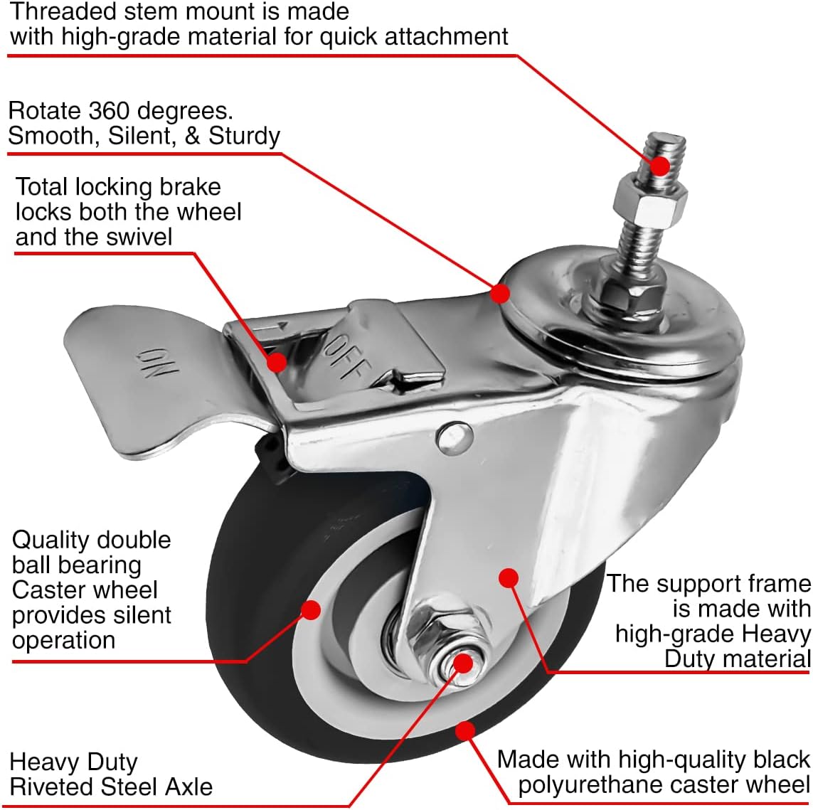 FactorDuty 4 Inch Black Caster Wheel with Brake Dual Locking 3/8"-1.2" Threaded Stem Mount Caster Wheel Polyurethane Wheels Premium Non Marking No Noise 300LB Per Wheel (Pack of 4)