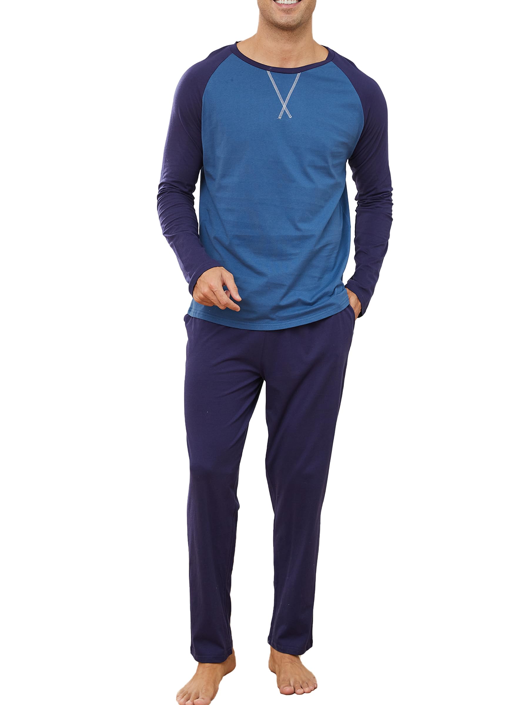 Reliwel Pigiama Uomo Cotone Leggero Pigiama Uomo Cotone Lungo Colori Contrastanti Girocollo a Maniche Lunghe e Pantaloni Due Pezzi Leggero Morbido