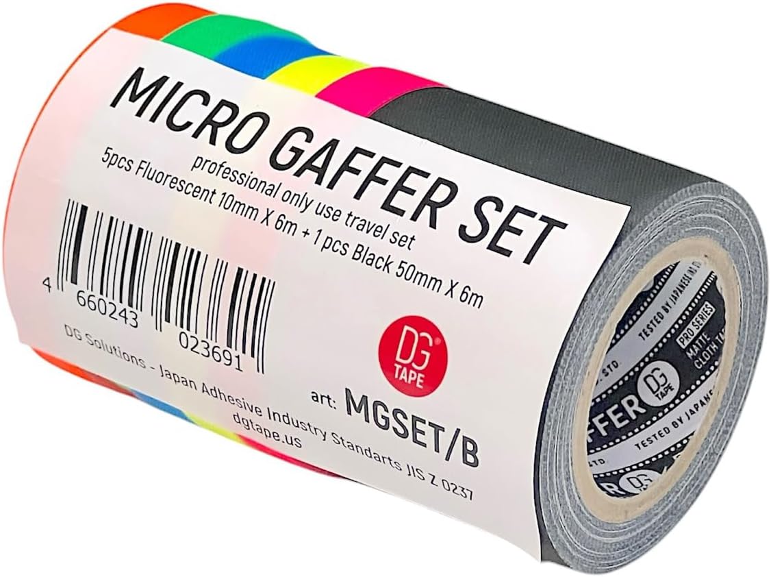 DGTAPE microSET Gaffer Tape 1/2in X 7ya - 5pcs 1/2in Fluorescent +1pcs 2in Wide Black microSET Gaffer Tape - 12mm X 6m - MGSET/B