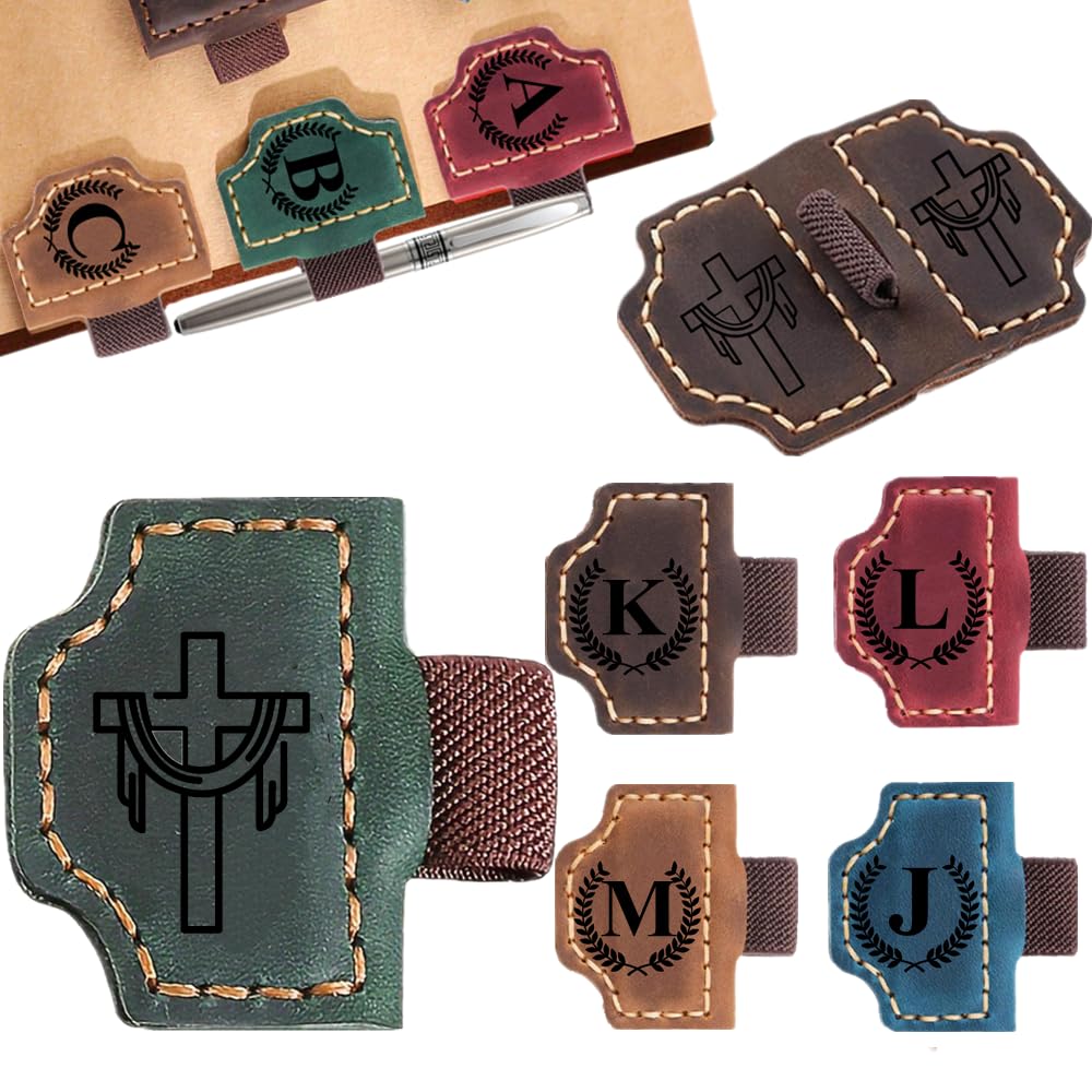 Custom Bookmark with Pen Holder with 26 Letters Personalized Magnetic Leather Book Mark, Customized Name Book Marker Clip with Initial for Men Women, Gifts for Book Lovers, Readers, (Green, Cross-2)