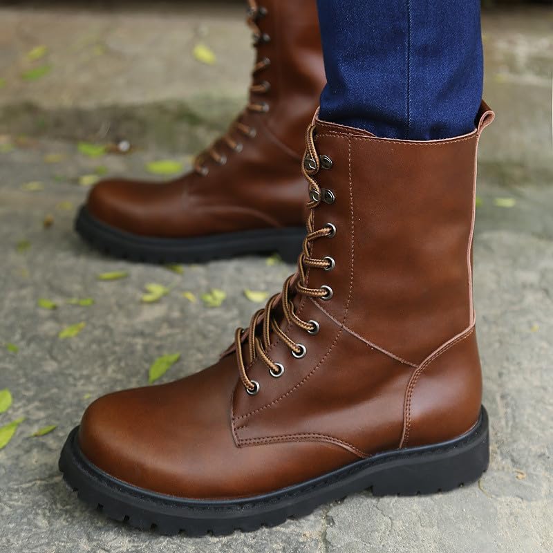 Santimon Men's Combat Boots Lace Up Mid Calf Work Boots Non Slip Lug Sole Outdoor Ankle Motorcycle Boot