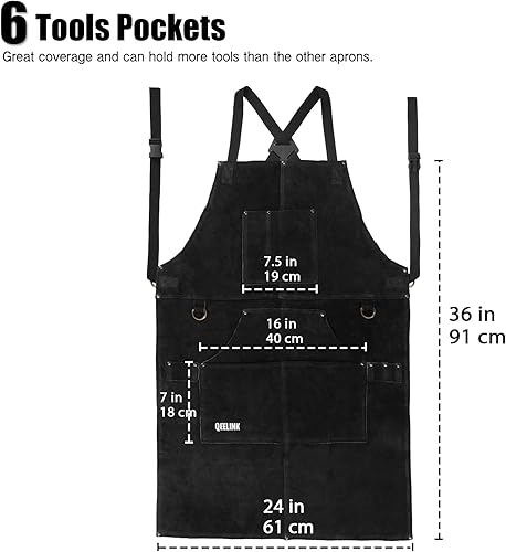 Miniatura 9 de QeeLink Delantal de trabajo de soldadura de cuero con 6 bolsillos para herramientas, delantal resistente al calor y al fuego, 24 x 36 pulgadas
