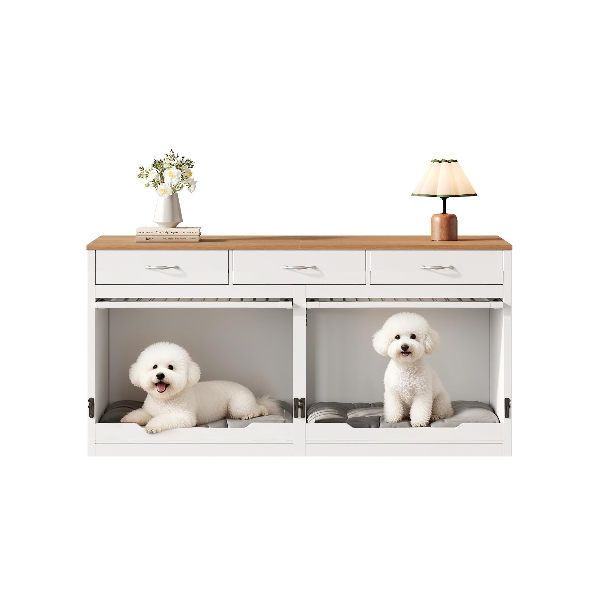 Holz-Metall Hundebox für 2 Hunde, 164x60x81 cm, mit herausnehmbarer Trennwand, Schloss, Klapptür & 3 Schubladen – Innen-Hundehütte, weiß/Holzoptik, Übergröße