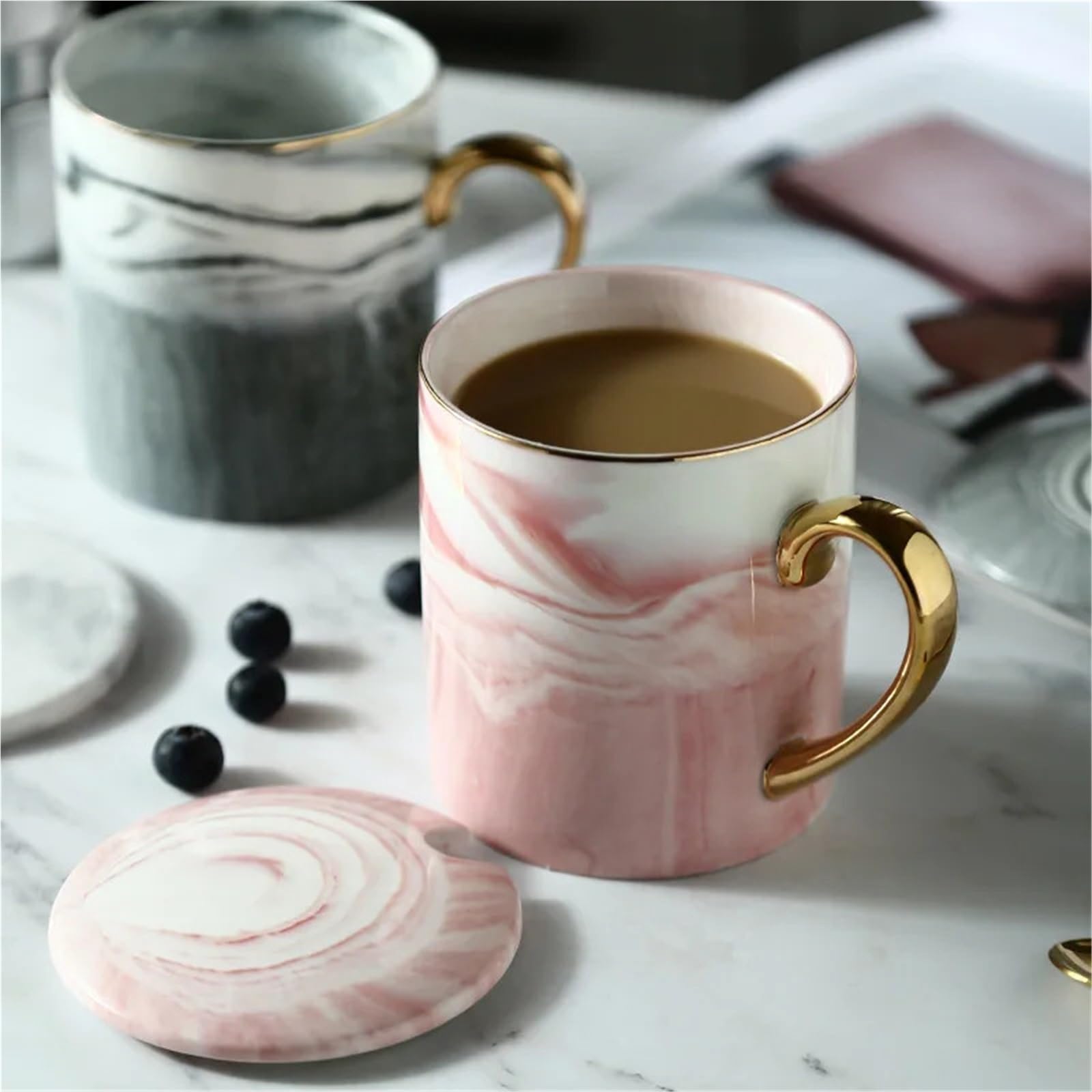 1/2PCS 400ml Keramik Becher Gold Rand Kaffee Tasse Paar Jahrestag Frühstück Haferflocken Teetasse Milch Tasse für Kaffee(2pcs pink Black)