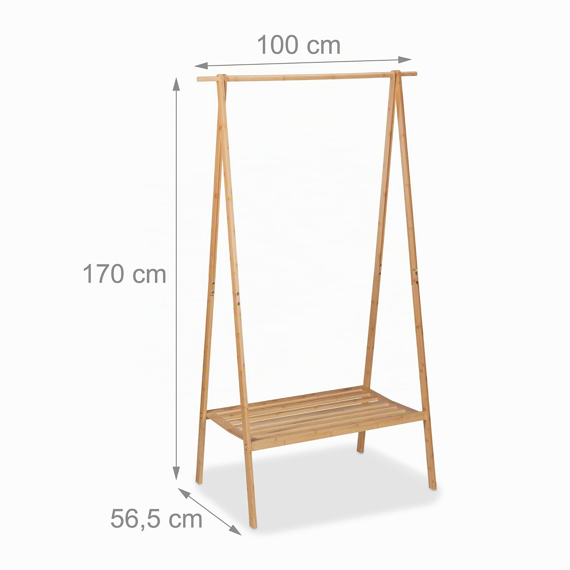Relaxdays Perchero de Bambú, Colgador Ropa Plegable, 170 x 100 x 56,5 cm, Barra de Colgar con Estante Inferior, Natural