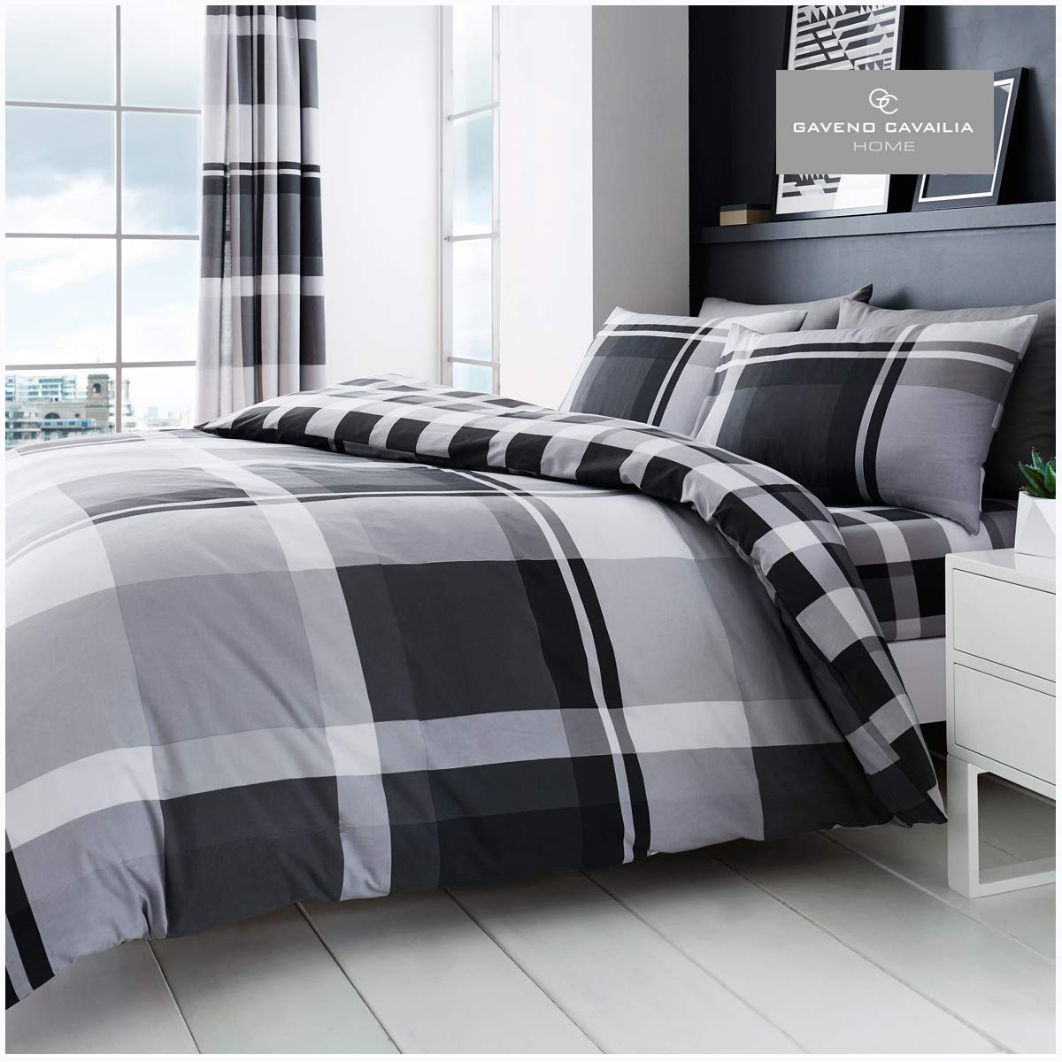 Gc Gaveno Cavailia Grey Gaveno Cavailia Waverly Check Luxurious Bed Set With Duvet Cover And Pillow Cases, Polyester-Cotton, Single
