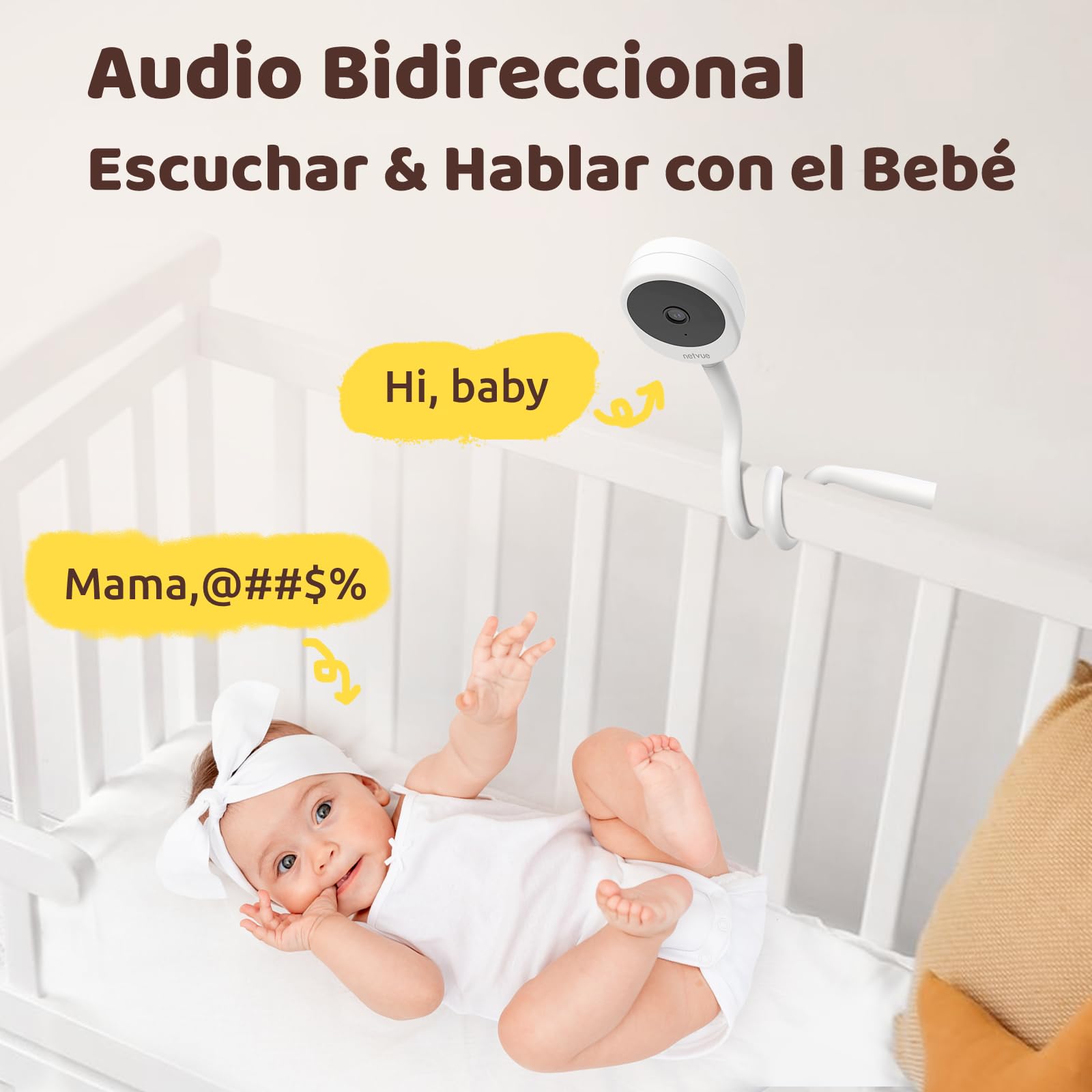 Netvue 1080P Camara Vigilancia Bebe con Soporte 4 en 1, Vigilabebes Camara con App Gratuita, Visión Nocturna, Audio Bidireccional, Análisis del Sueño, Canción de Cuna, Detección de Gritos y Movimiento