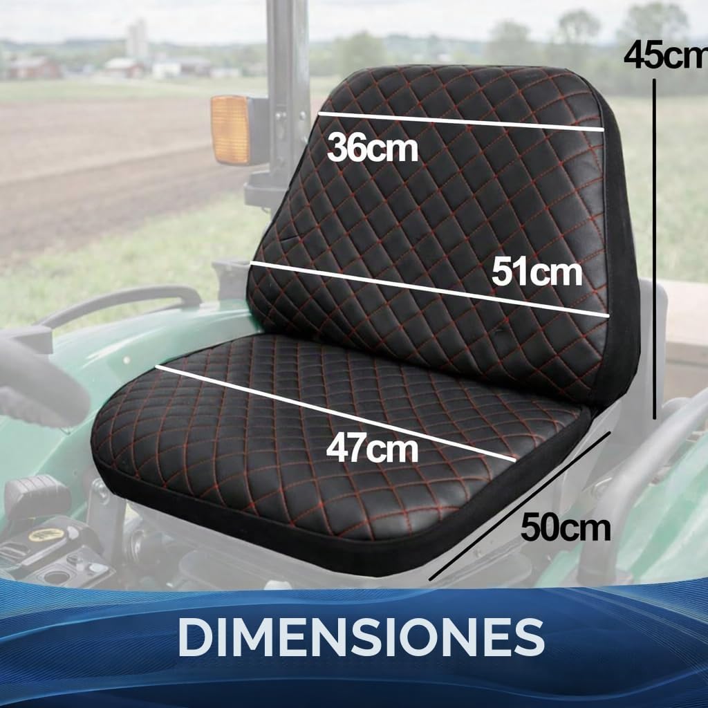 Funda de asiento universal para tractor de piel sintética acolchada, negro con costuras rojas