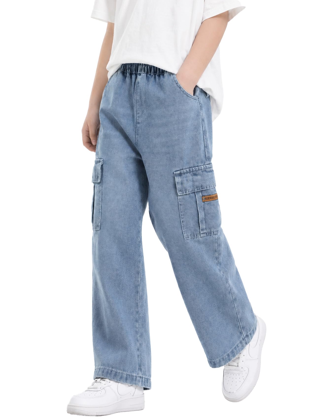 JiAmy Jungen Jeanshose Elastischem Bund Baggy Jeans Jungs Weites Bein Y2k Kinder Cargohose Baumwolle Denim Hosen für Jungen Mädchen 120-160 (5-14 Jahren)