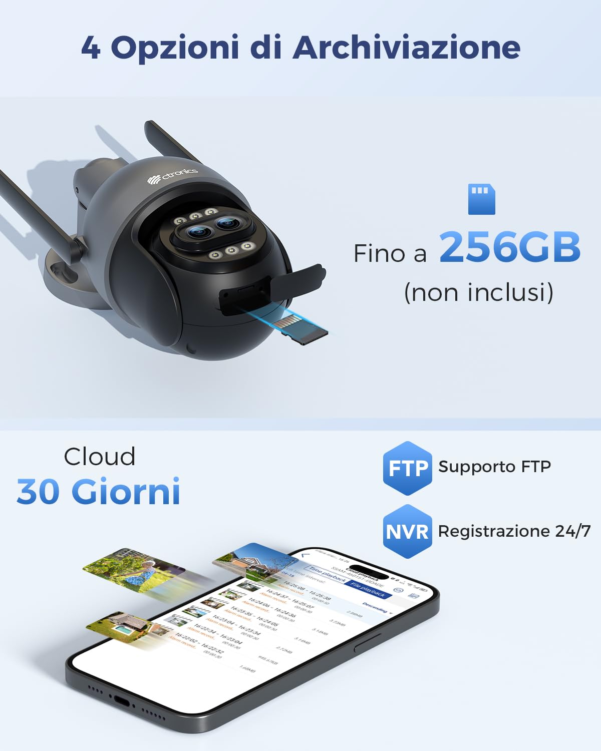 Ctronics 10X Zoom Ibrido 4K Telecamera Wi-Fi Esterno Metallo,Auto Track | Doppio Obiettivo, Rilevamento Persone/Veicoli/Ani, 2,4/5GHz WiFi, 256GB TF/Cloud/PC, Visione Notturna Colori, IP66 (Grey)