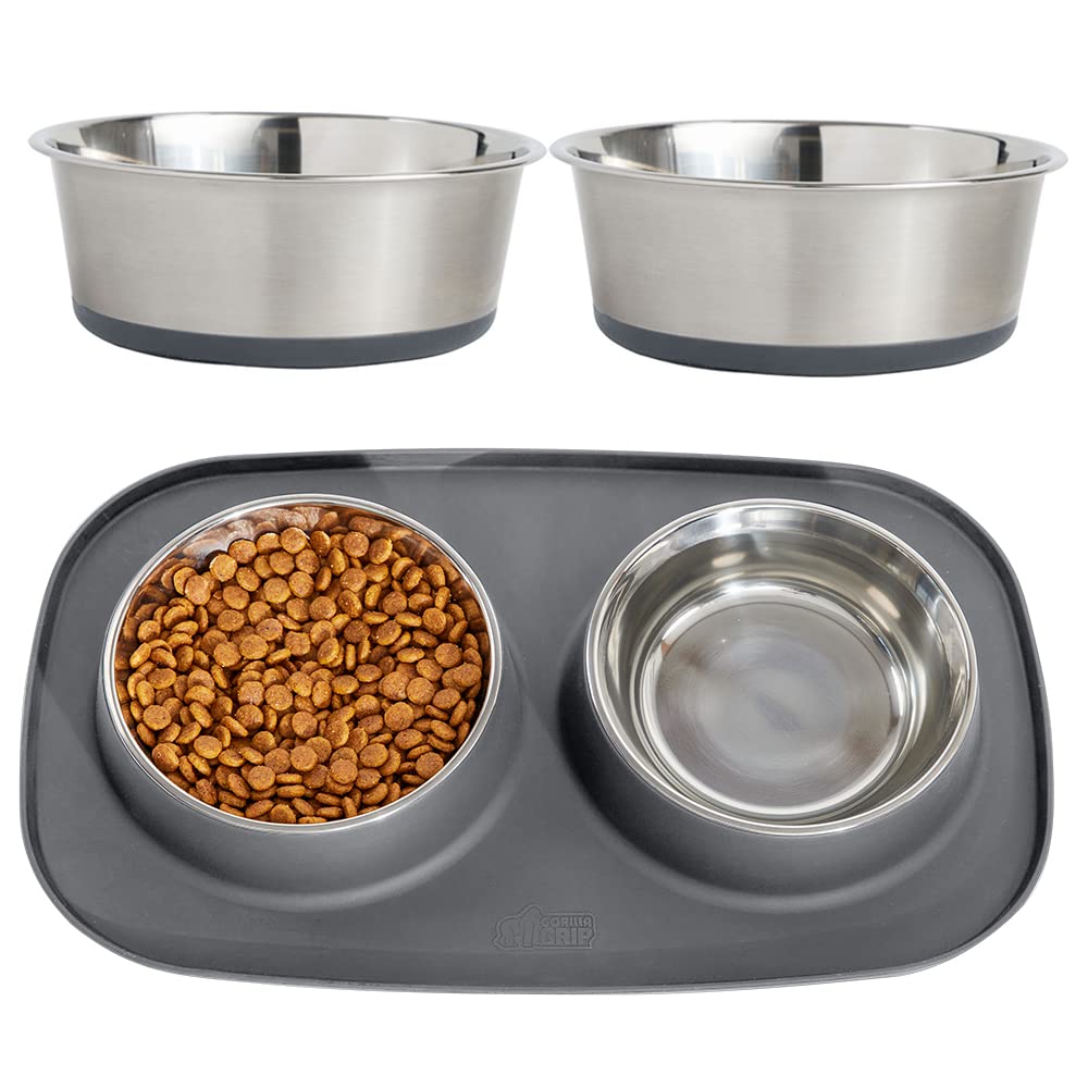 Gorilla Grip Dog Bowl Set of 2 and Silicone Feeding Mat Set, Pet Bowls