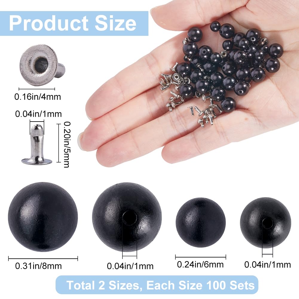 GORGECRAFT 1 Box 200 Set 2 Size Pearl Rivets Studs Black Round Plastic Pearls Buttons Stud with Pins Kit for Clothing Hat Bags Shoe Embellishments DIY Knitting Sewing Crafts Jewelry Making Supplies