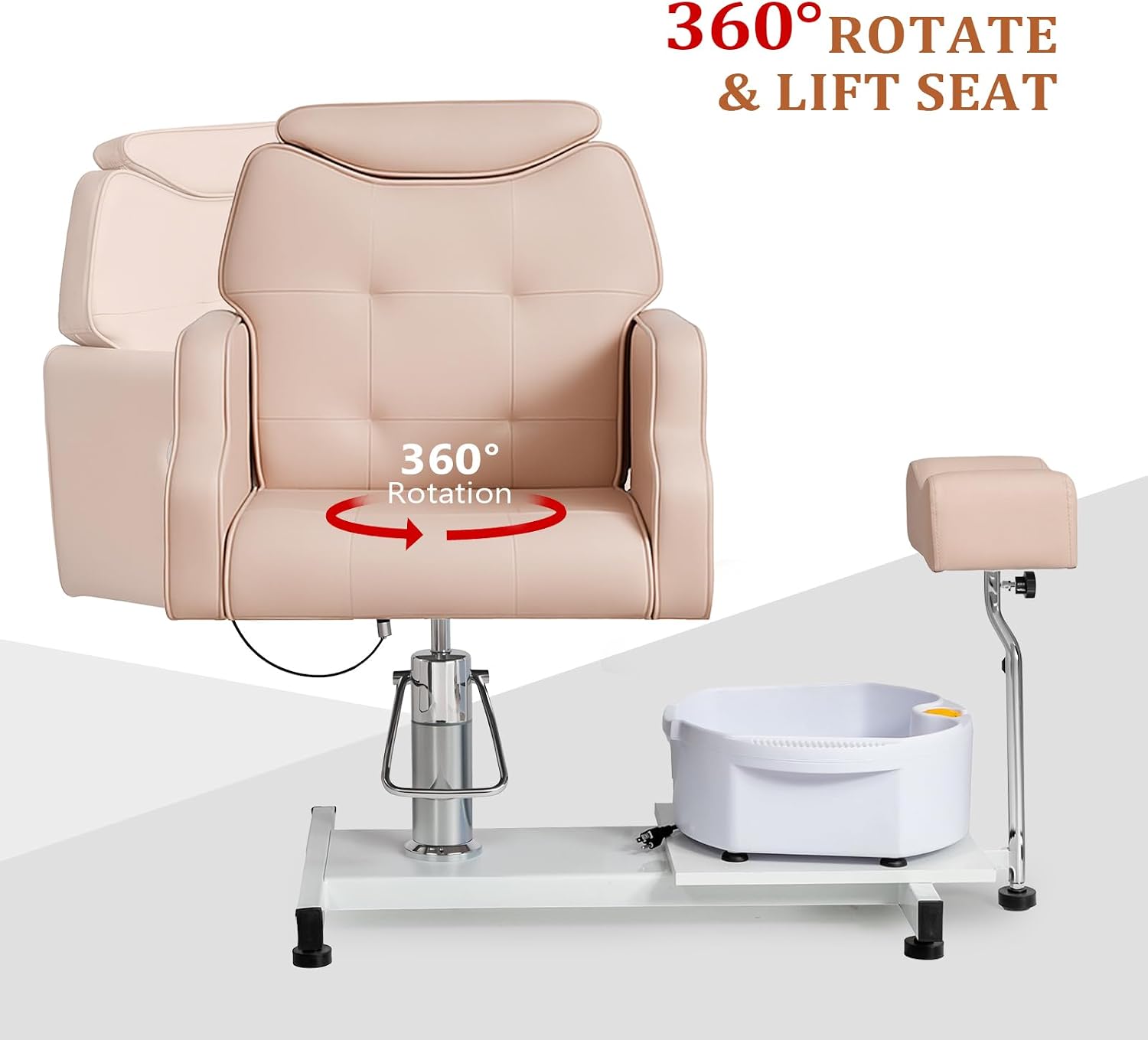 OmySalon Pedicure Chair w/Stool & Bubble Massage Foot Bath, 360° Rotation Hydraulic Adjustable Seat, Pedi Station for Foot Nail Tech Beauty Spa Salon Home Use (Light Pink)
