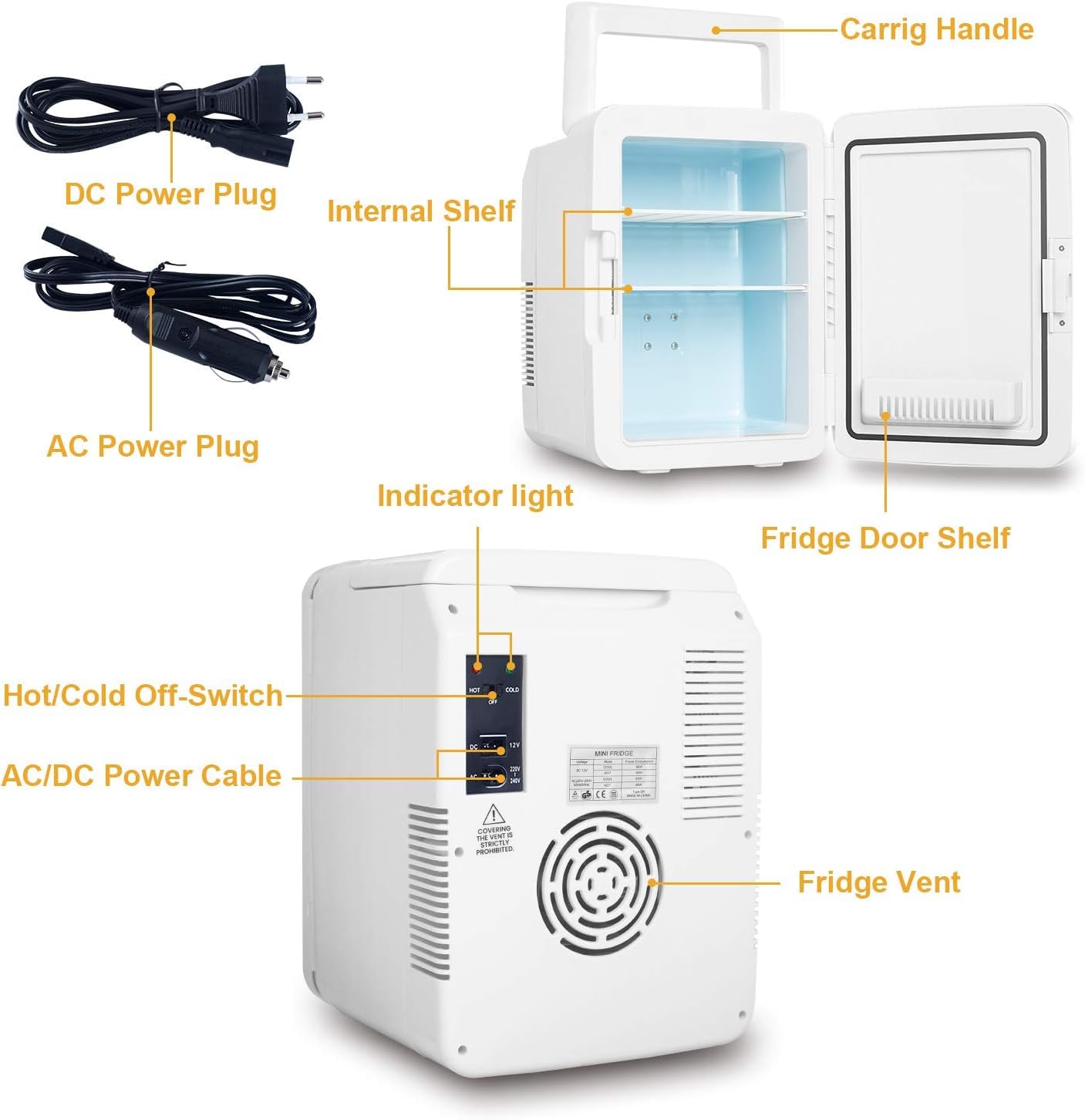 ARTETHYS Mini Fridge for Bedrooms 10L Compact Car Fridge Mini Refrigerator with System Cooler and Warmer for Home Office, 220V AC/12V DC, Black — view 5