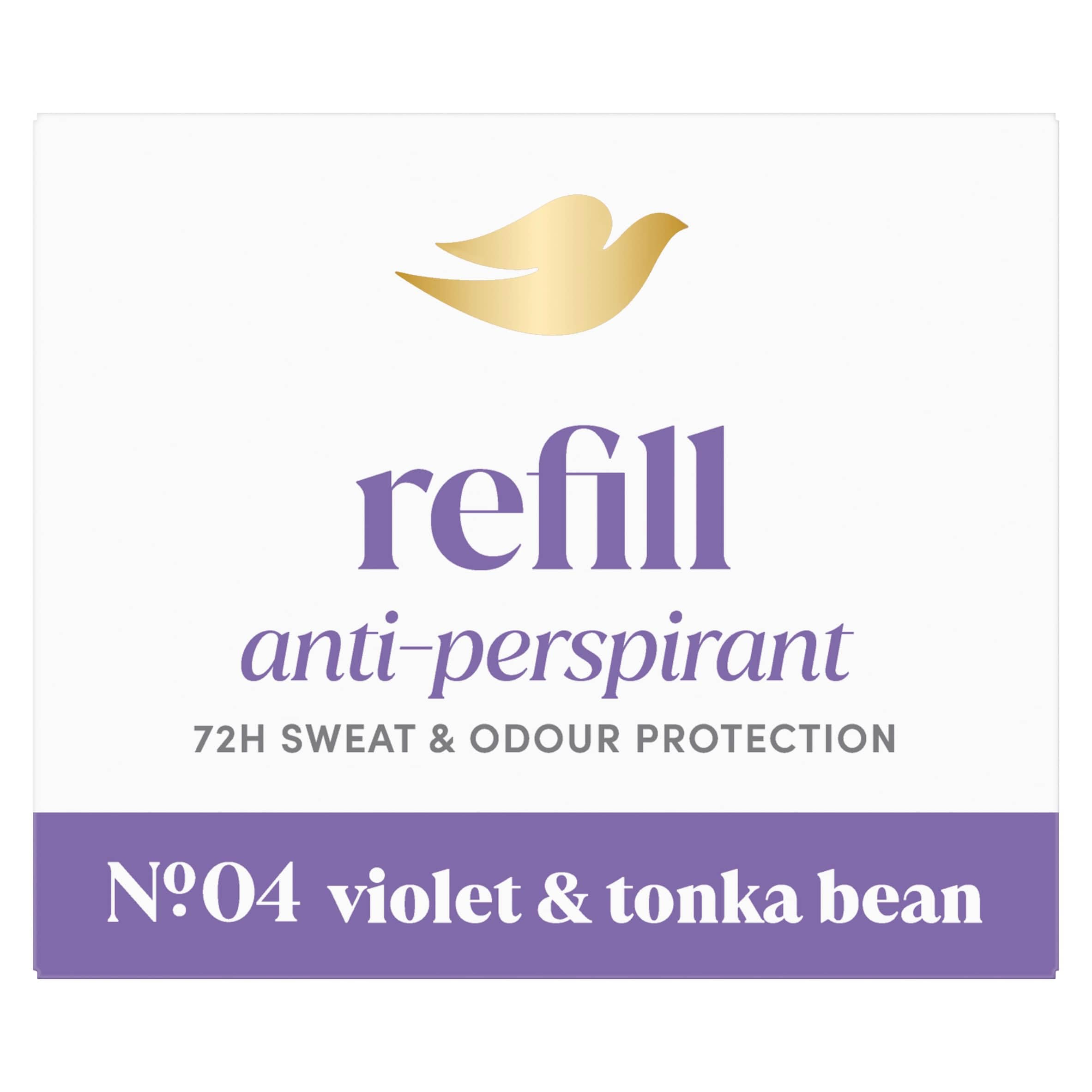 Dove No. 4 Violet & Tonka Bean Anti-Perspirant Refill women's antiperspirant stick styled to last with 72h odour protection, with Dove's signature care, dermatologically tested 35 ml