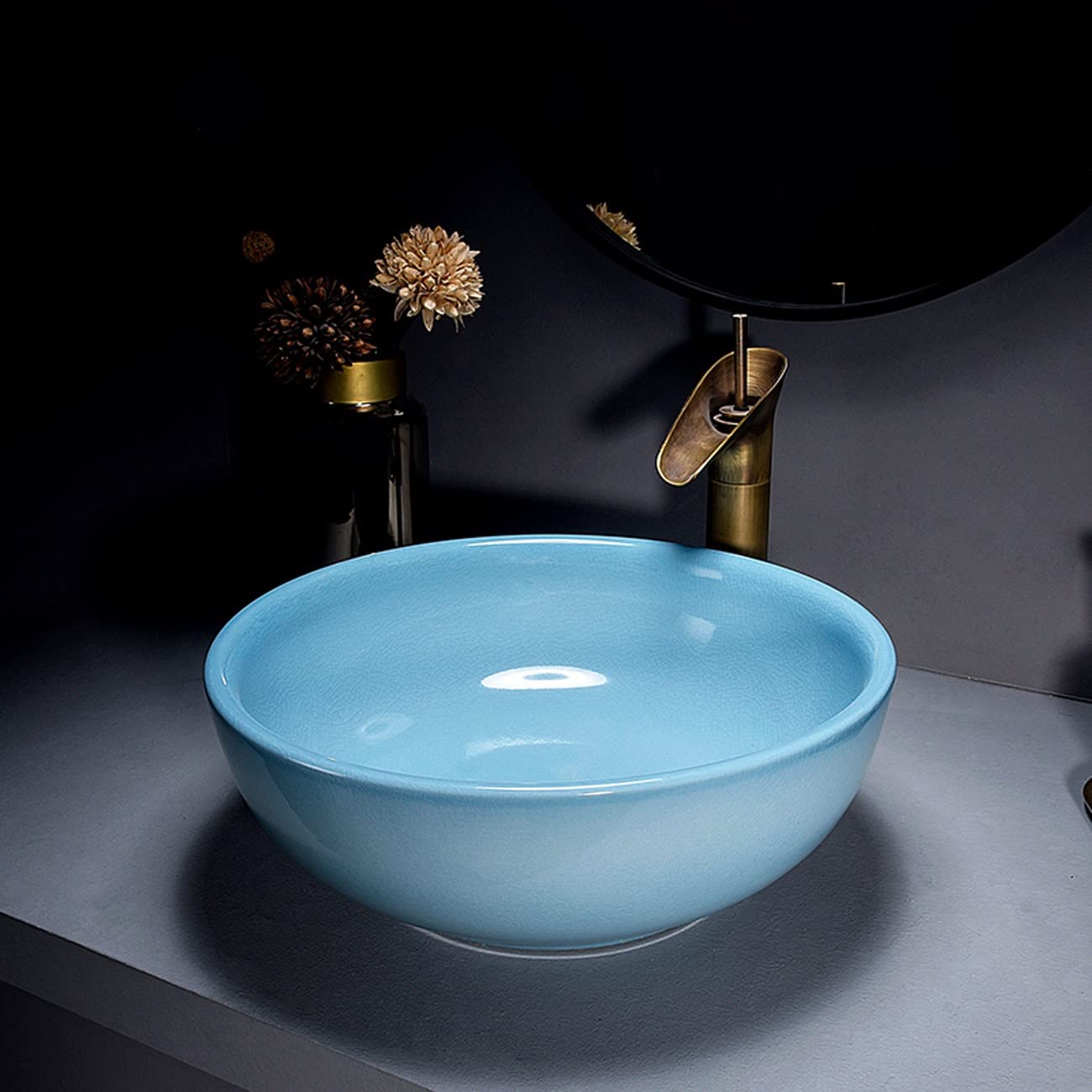Nowoczesna Ceramiczna Umywalka Nablatowa I Bateria W Zestawie, Jasnoniebieska Porcelanowa Umywalka Łazienkowa Z Artystyczną Misą, Okrągłe Umywalki Nadblatowe Do Łazienki