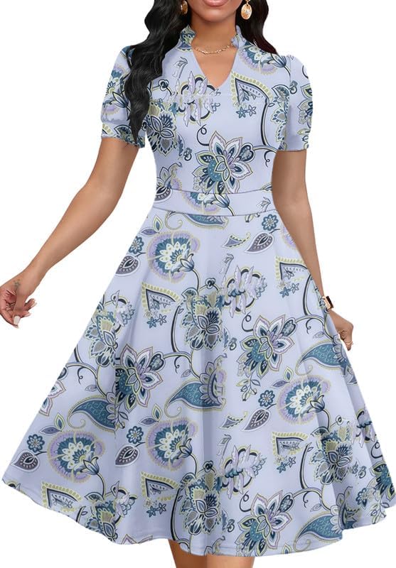 Womens Short Puff Sleeve V Neck Casual Semi-Formal Cocktail Party A-Line Dress