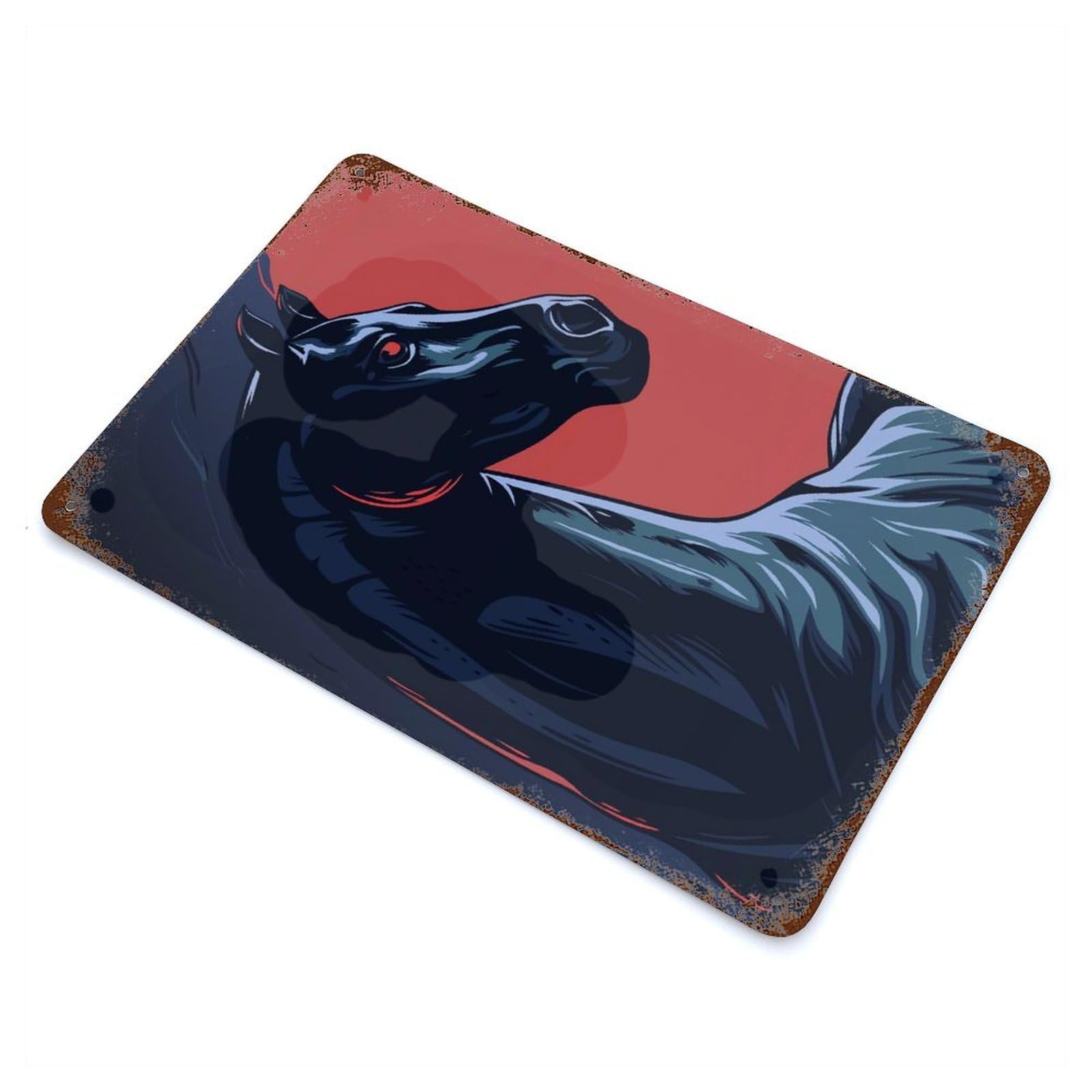 Stylized Black Horse Portrait on Red Rust Effect Tin Sign 11.8"x7.9", for Bistro, Counter And Cafe Decor, Shabby Chic Decor