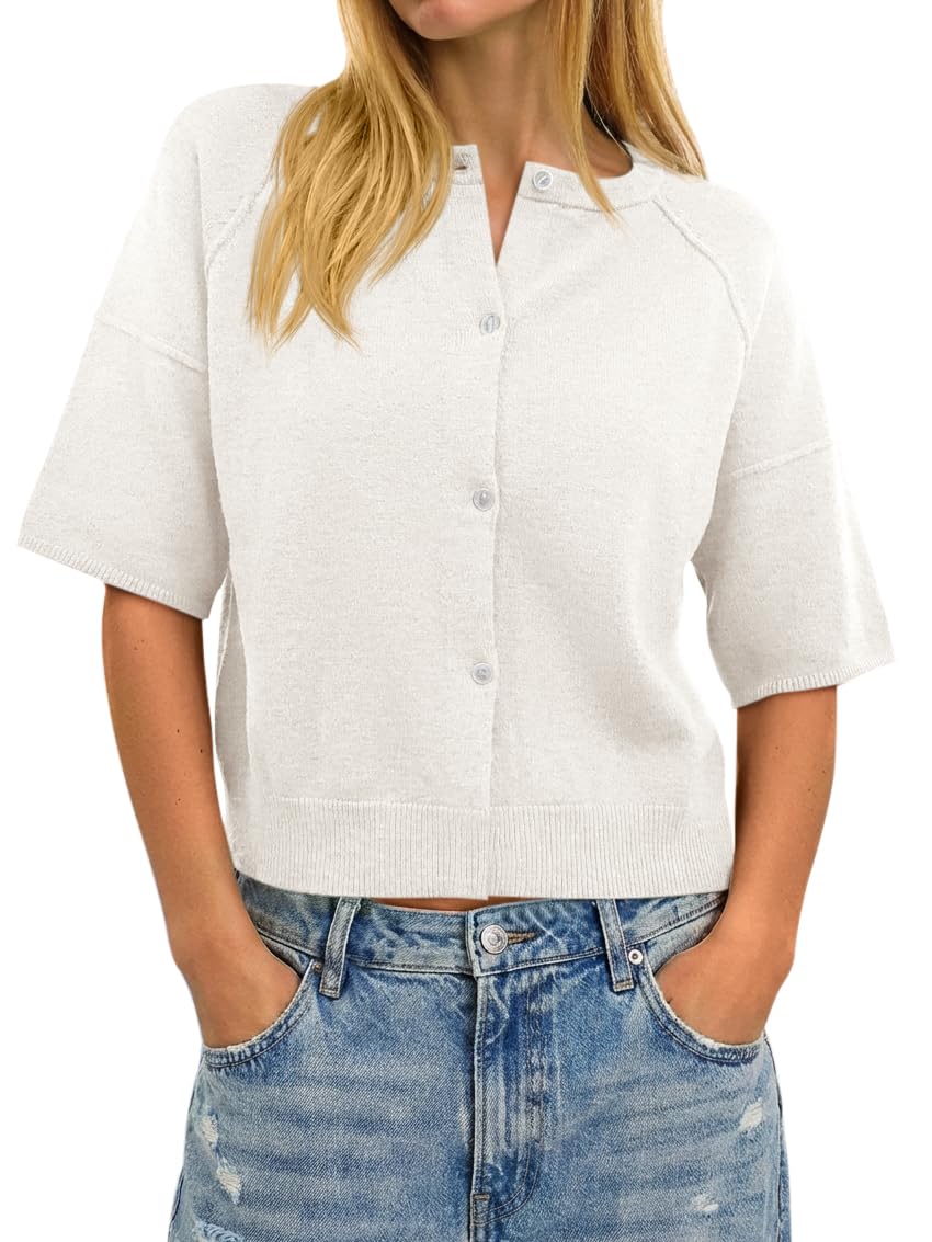 Womens Short Sleeve Sweater Cardigan Casual Button Down Lightweight Cropped Ribbed Knit Tops-image-40