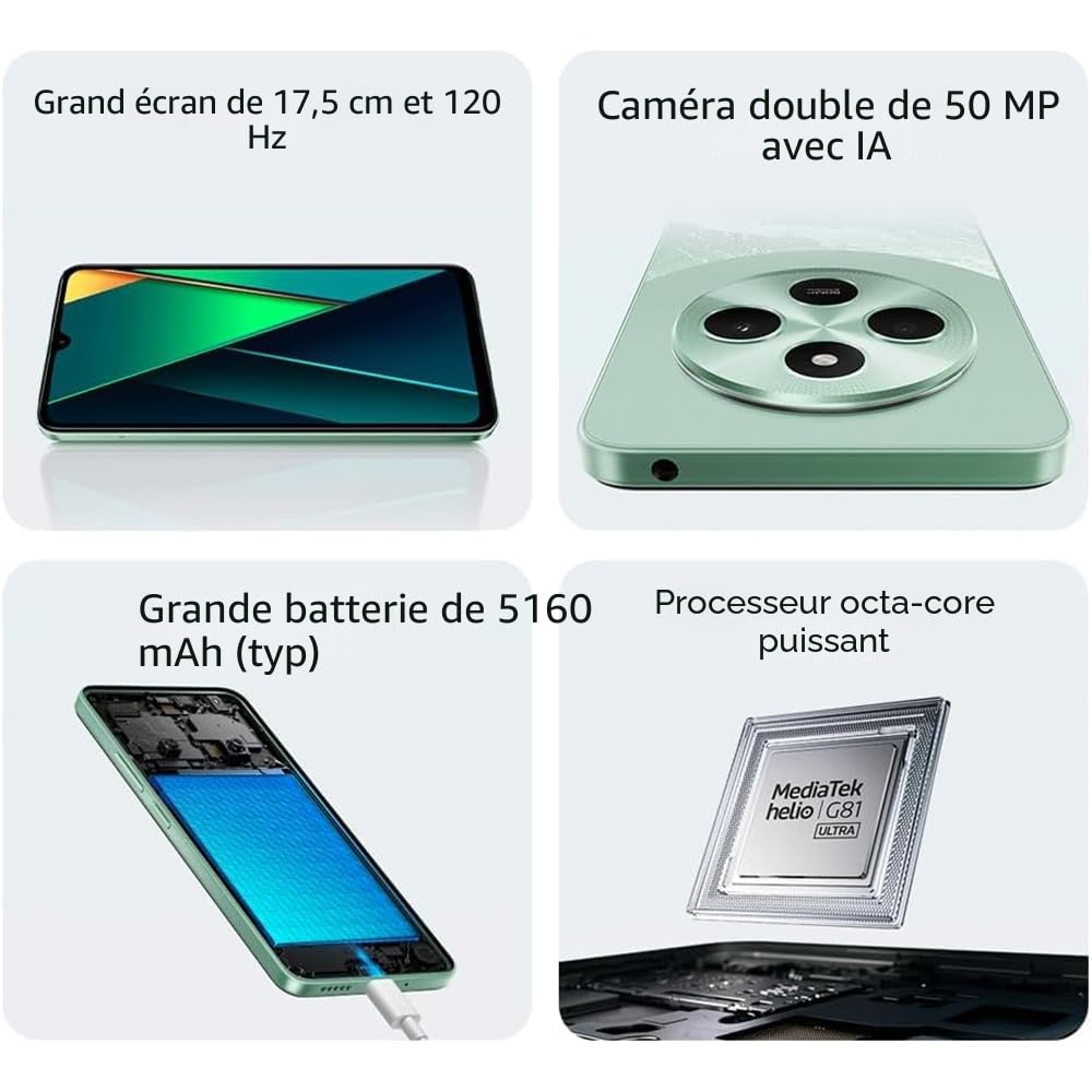 XIAOMI Poco C75 Smartphone, écran de 6,88" 120 Hz HD+, Medialek Helio G81, Triple caméra 50 Mpx + 2 Mpx, 5000 mAh (Green, 8+256G)