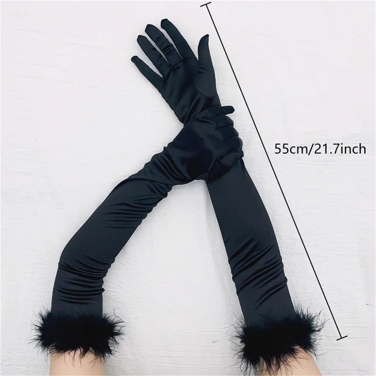 2 paia di eleganti guanti da ballo in raso con piume peluche, a dita intere for le donne, lunghi Halloween, accessori for feste Per Le Donne