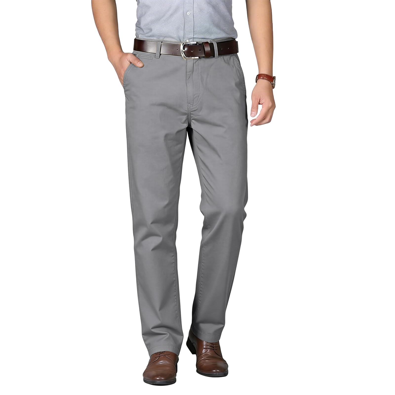 Pantalon Homme Anti-Rides 100% Coton Taille Normale Tube Droite Décontracté avec Poches