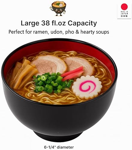 Miniatura 9 de JapanBargain, Tazón japonés grande para ramen, cuenco Pho, Udon, fideos y cereales de 38 onzas, plástico lacado negro y rojo, apto para microondas y