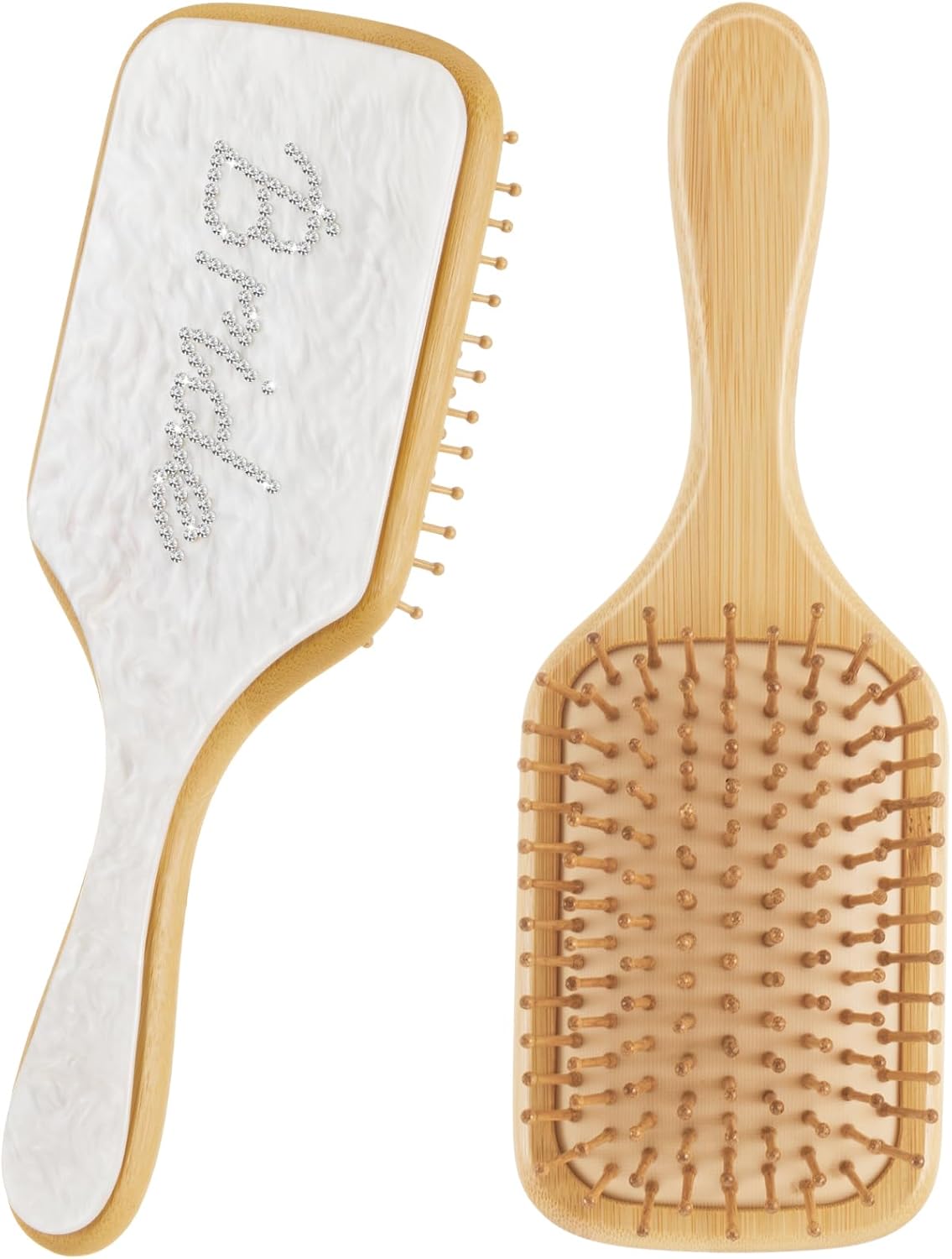 Meanplan ブライド ヘアブラシ ホワイト アクリル ラインストーン 花嫁 ウェディングコーム 木製 竹 ヘアブラシ 女性用