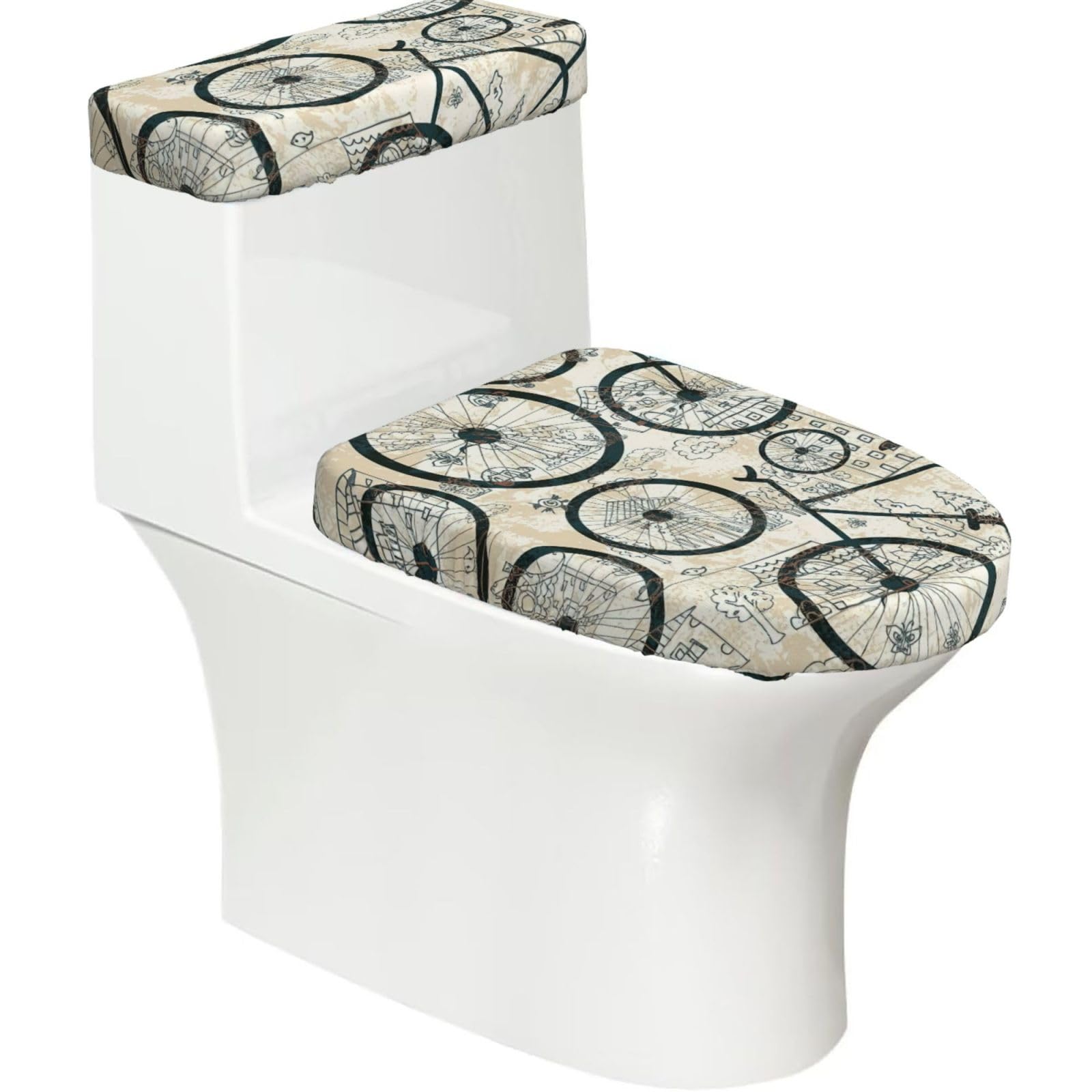 Retro Bicycle Print Bathroom Decor Toilet Lid Cover And Tank Covers, Restroom Accessories Fits Most Round