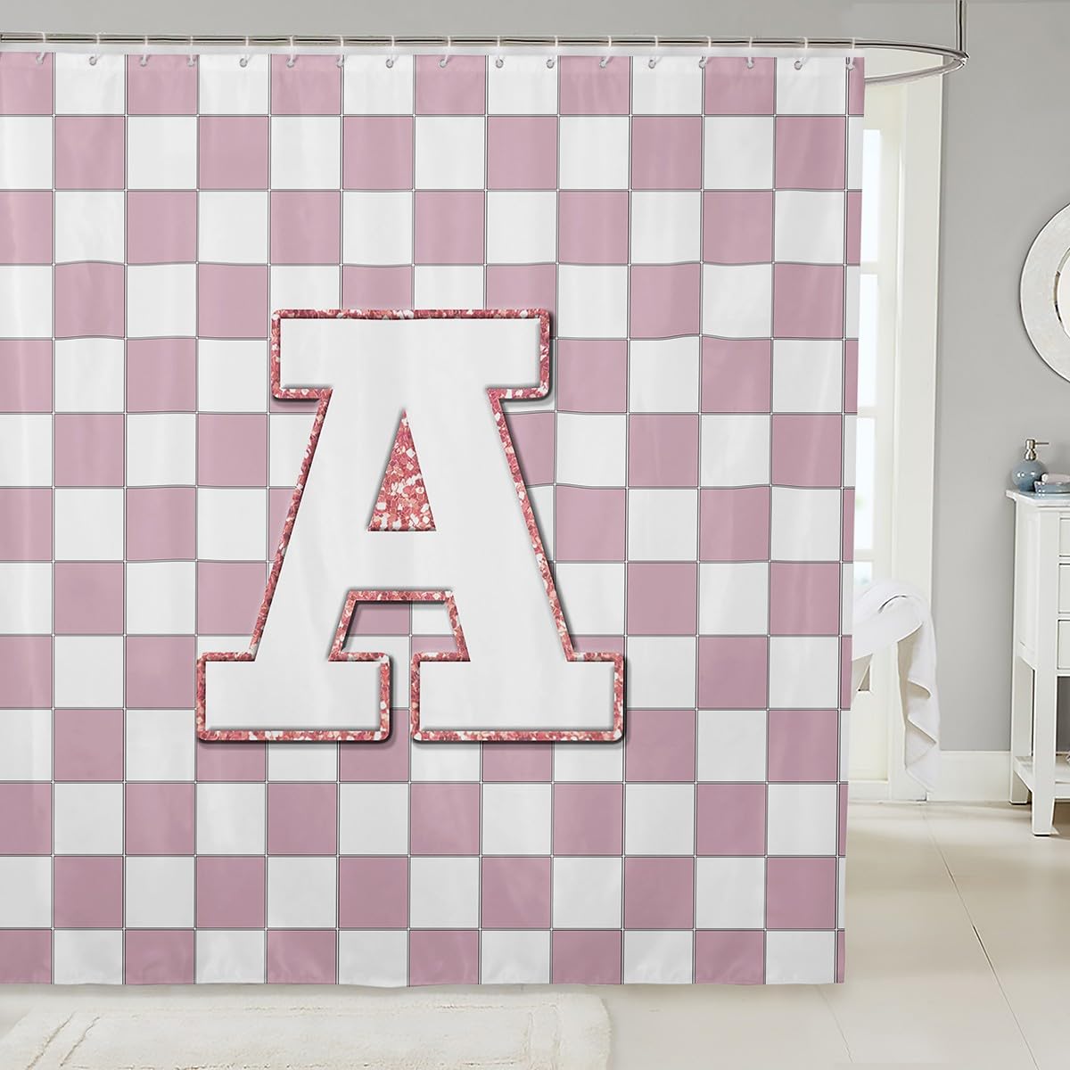 Erosebridal Pink Initial A Bathroom Accessories Kawaii Plaid Checkered Shower Curtain Cute Personalized Monogram Bathroom Curtain for Kids Girls 72" Wx72 L Fashion Grids Gingham Shower Decor