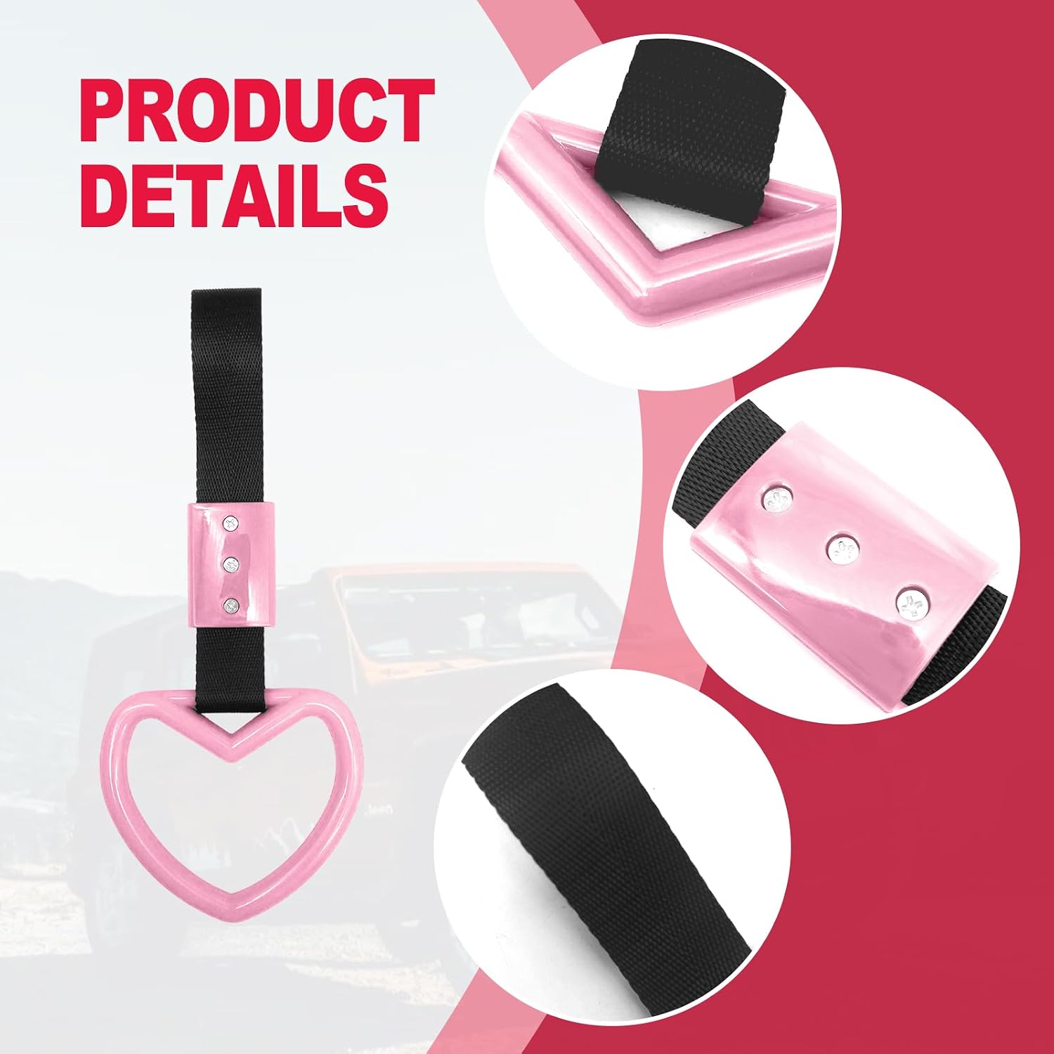 2 Pack Heart Shaped Car Handle Straps, Cute Rear Bumper Warning Ring Decor for Cars, SUV, Subway, Bus, Vehicle Interior & Exterior Safety Accessories (Pink)