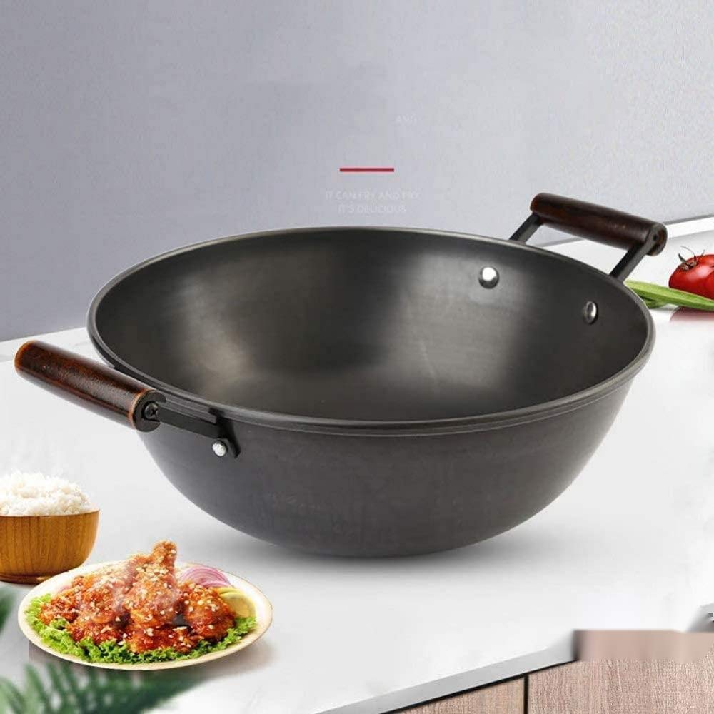 Żeliwna patelnia Wok Fine żelazny gulasz nieprzywierający Wok niepowlekany gospodarstwa domowego duża żelazna patelnia podwójne ucho wieprzowa żelazna patelnia gulaszowa-38cm