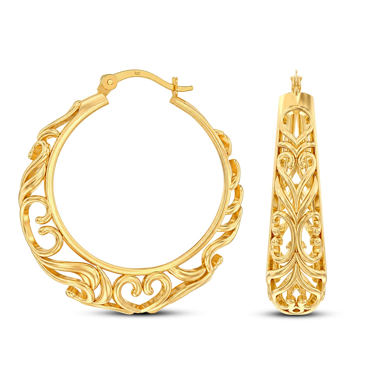 LeCalla 925 Sterling Silver Chunky Hoop Earrings | Filigree Heart Hoop Earrings for Women | Oval & Round Mesh Filigree Click-Top Hoops Earring |