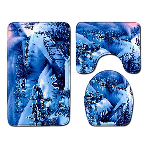 Bad Teppiche Set Blaue Landschaft Badezimmerteppich Waschbar WC Vorleger mit Ausschnitt und WC Deckelbezug 3 Teilig Badematte rutschfest Toilettensitzbezug Badgarnitur 50x80 cm