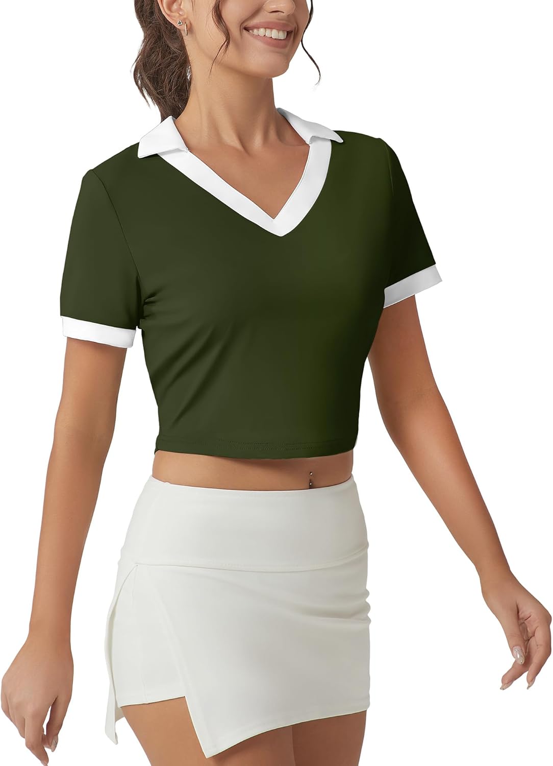 Workout Polo Shirts for Women Short Sleeve Crop Top Quick Dry Cropped Tennis Athletic Sports T-Shirts Small Army Green