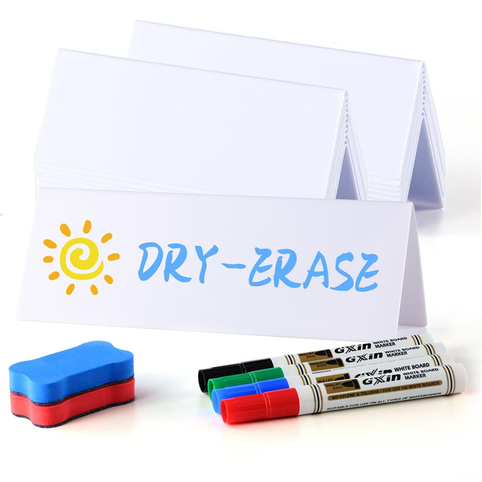 24 Pcs Dry Erase Name Tent Cards for Table, Reusable Name Cards 8.75" x 3" Desk Name Tents Sets with Dry Erase Markers and Erasers, Facilitate Effective Organization of Meetings and Classes