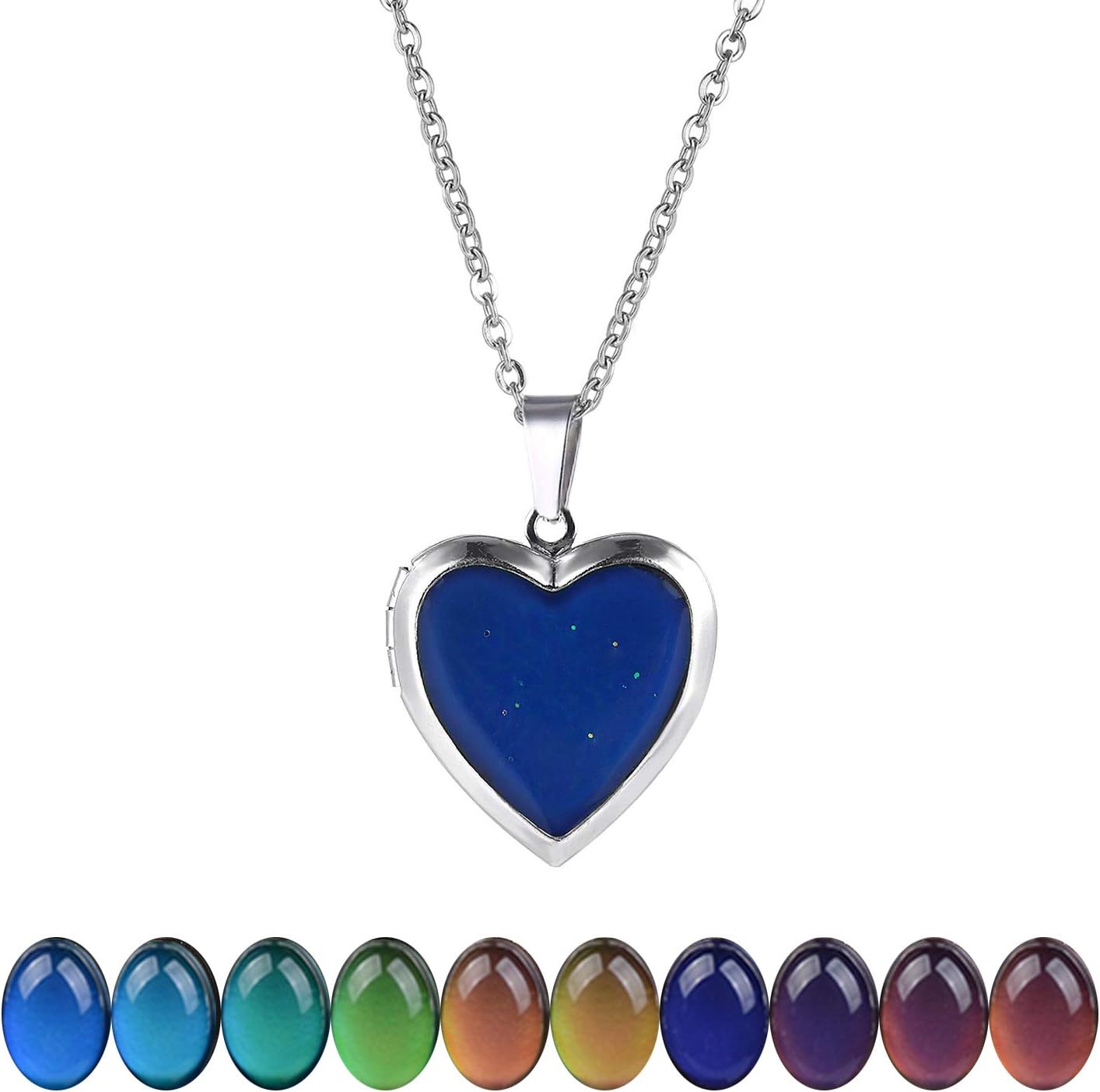 Temperature Sensing Color Changing Pendant Necklace with 19.29" Stainless Steel Rolo Chain