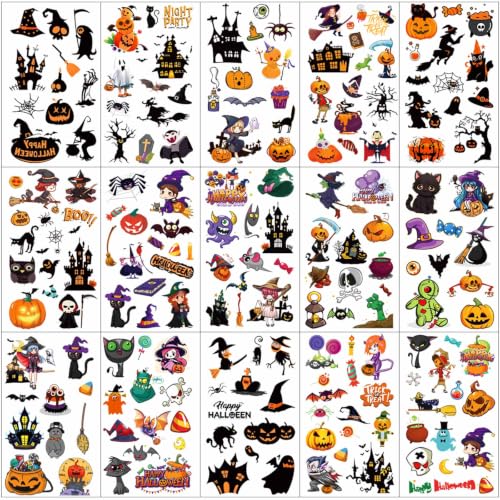 Hotoyannia 380+ PCS Halloween Temporary Tattoos Stickers, 30 Sheets Creative Design Halloween Tattoos Halloween Party Decorations, Pumpkin Tattoo Stickers Halloween Gifts for Halloween Makeup